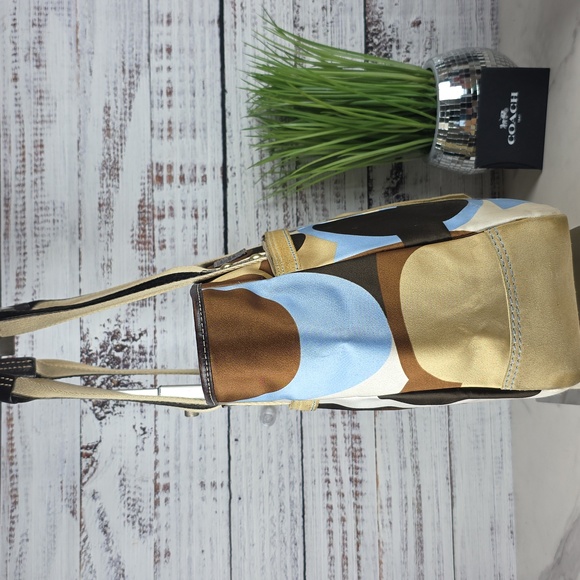 VINTAGE COACH #10113 HAMPTON TOTE BAG SCARF PRINT TAN BLUE BROWN SIGNATURE PURSE - Picture 4 of 17